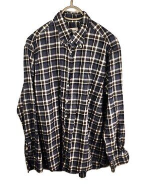 Stenstroms Mens Flannel Shirt XL Navy Brown Plaid Fitted Body Button Down Collar